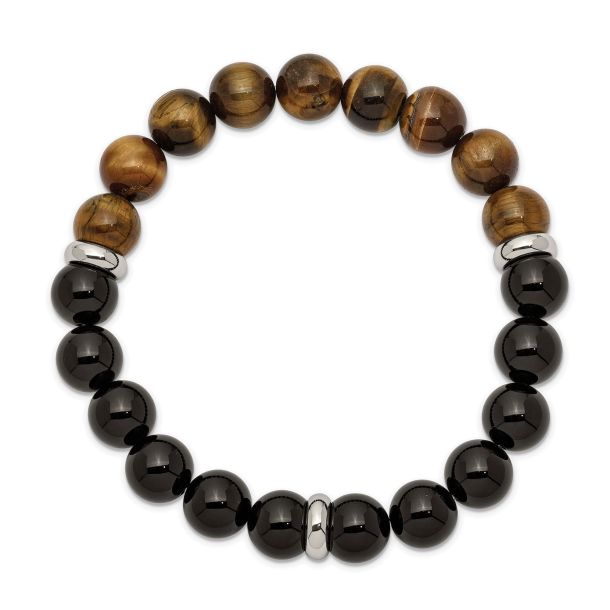 Black Agate and Tiger's Eye Beaded Stretch Bracelet | 7.25 Inches ...