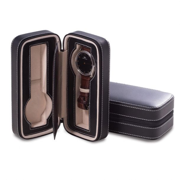 Black Leather Two Watch Travel Case
