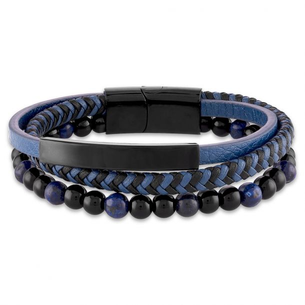 Black Onyx and Blue Sodalite Bead Leather and Black Ion Plated Stainless Steel Triple Wrap Bracelet 8.5 Inches Men s