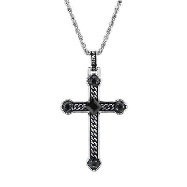Black Spinel Stainless Steel Cross Pendant Necklace - Men's