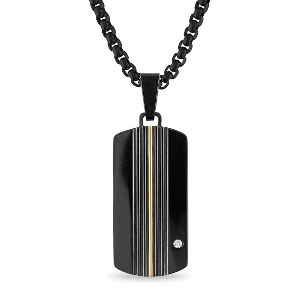 Black Titanium and Gold Ion Plated Strip Diamond Accent Dog Tag