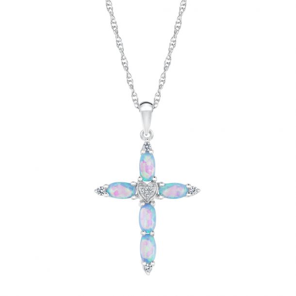 Created Blue Opal and Created White Sapphire Cross Necklace
