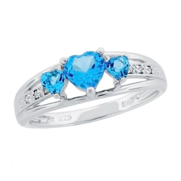 Blue Topaz Heart Sterling Silver Diamond Accent Birthstone Ring