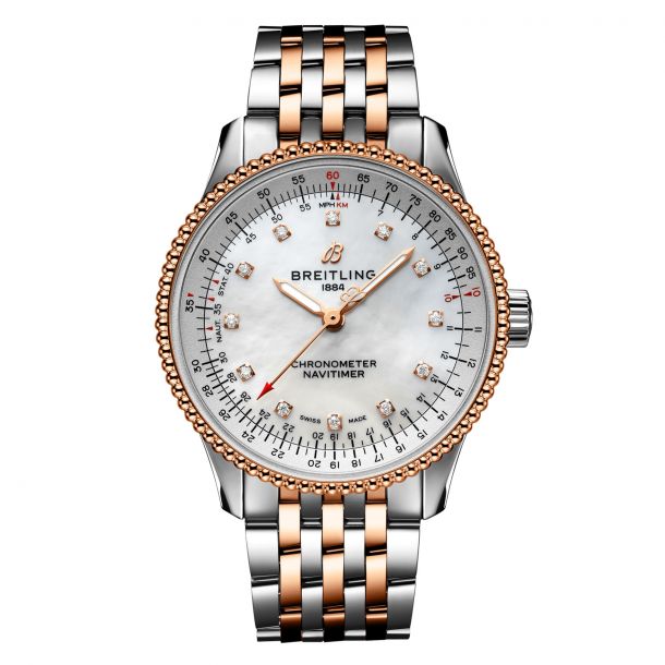 Breitling Navitimer Automatic 35 Mother of Pearl Diamond Dial Two Tone Watch 35mm U17395211A1U1 REEDS Jewelers