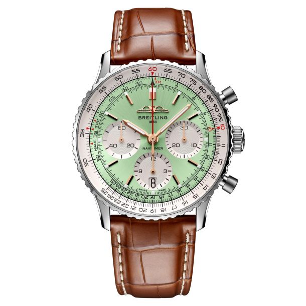 Breitling Navitimer B01 Chronograph 41 Mint Green Dial Brown Leather Strap Watch AB0139211L1P1 REEDS Jewelers