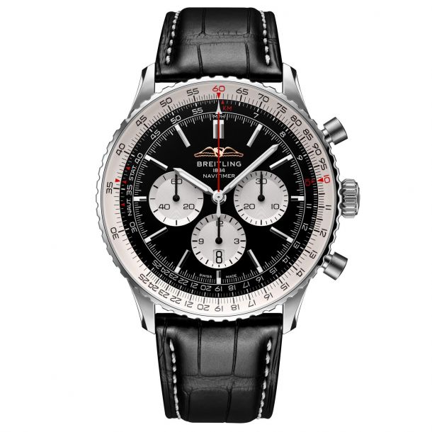 Breitling Navitimer B01 Chronograph 46 Black Dial Black Leather Strap Watch AB0137211B1P1 REEDS Jewelers