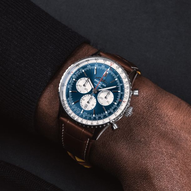 Breitling Navitimer B01 Chronograph 46 Blue Dial Brown Leather Strap Watch 46mm AB0137211C1P1 REEDS Jewelers