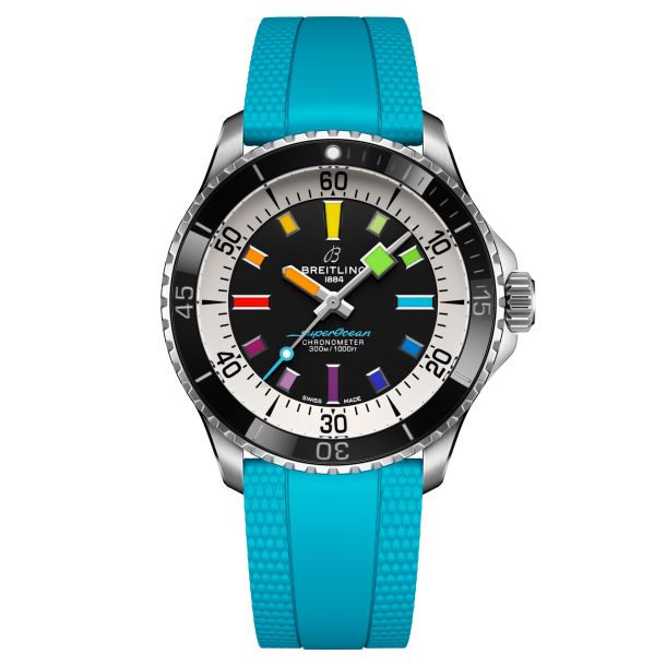 Breitling Superocean Automatic 42 Black Rainbow Dial Turquoise Rubber Strap Watch 42mm A17375211B2S1 REEDS Jewelers