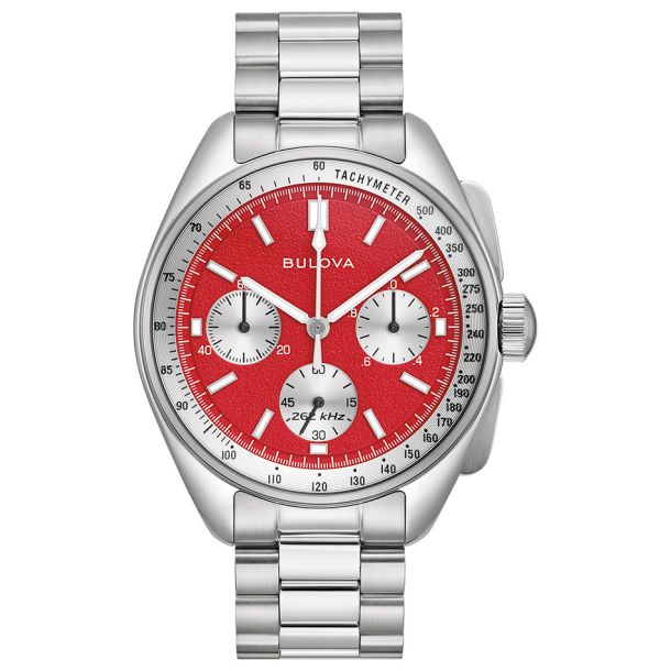 Bulova Archive Series Lunar Pilot Red Dial Stainless Steel Bracelet Watch Set 43.5mm 96K115