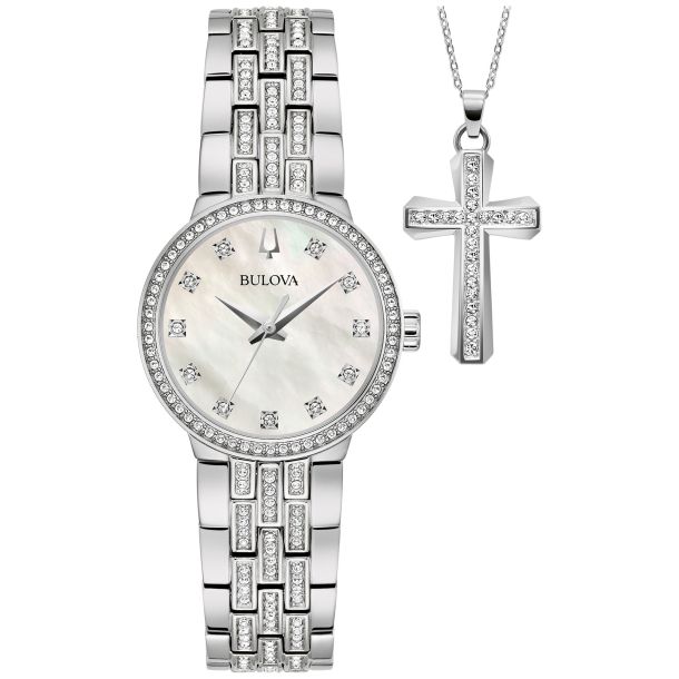 Bulova Classic Box Set Crystal Accent Mother of Pearl Dial Stainless Steel Bracelet Watch and Necklace Set 28.5mm 96X163 REEDS Jewelers