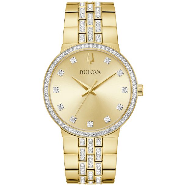 Bulova Crystal Gold Tone Watch and Cross Pendant Necklace Box Set 40mm 98K113