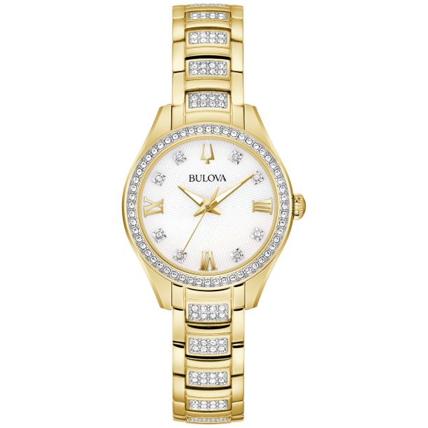 Bulova Crystal Mother of Pearl Dial and Gold Tone Bracelet Watch 28.5mm 98L306