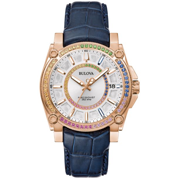 Bulova Marc Anthony Icon Sapphire Accent Silver Dial Blue Leather Strap Watch 40mm 98J126 REEDS Jewelers