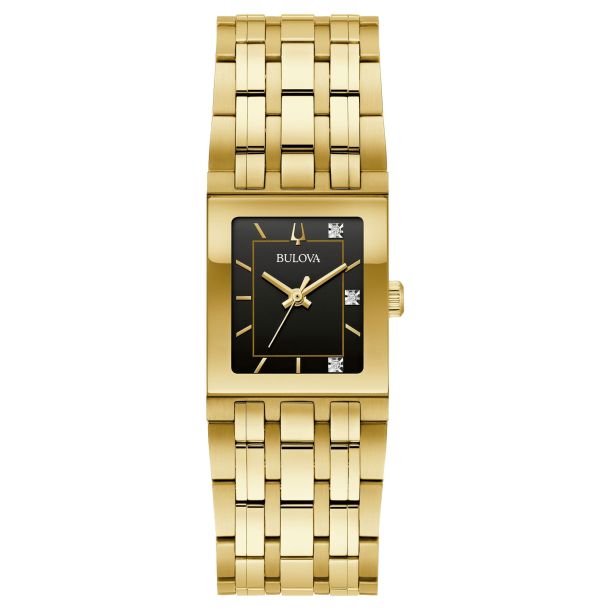 Bulova Marc Anthony Quadra Diamond Accent Black Dial Gold Tone Stainless Steel Bracelet Watch 21mm 97P167 REEDS Jewelers