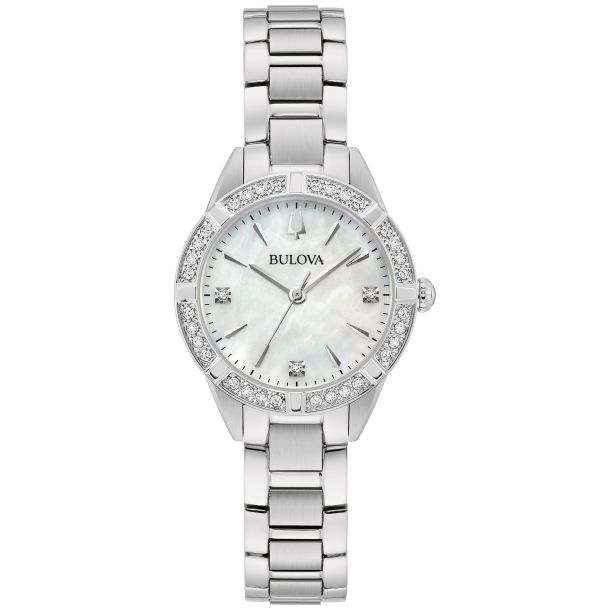 Bulova Sutton Classic Diamond Accent Mother of Pearl Dial Stainless Steel Bracelet Watch 28mm 96R253