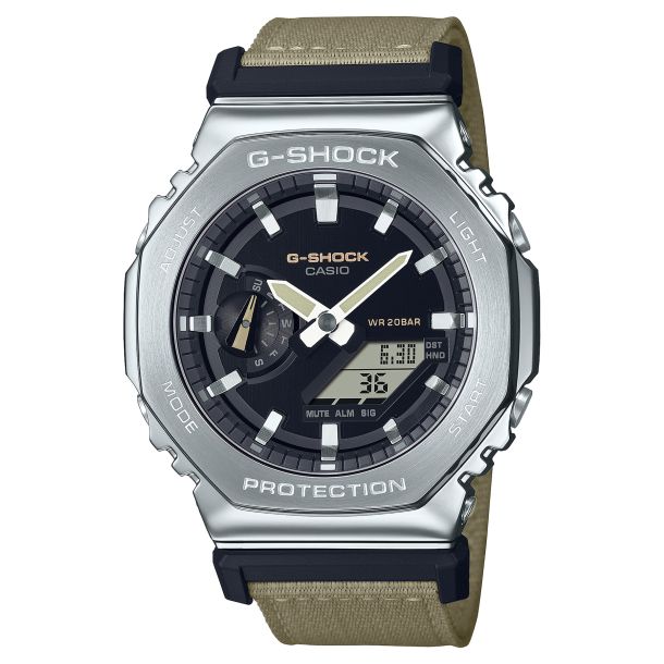 Casio G Shock Analog Digital Utility Metal Stainless Steel Bezel Beige Cloth Strap Watch GM2100C 5A REEDS Jewelers