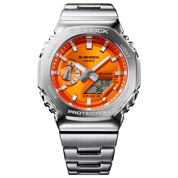 Casio G Shock G Steel GM2110D Analog Digital Orange Dial Stainless Steel Watch 43mm GM2110D 4A REEDS Jewelers