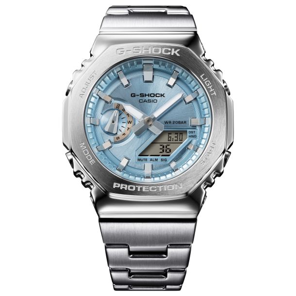 Casio G Shock G Steel GM2110D Analog Digital Sky Blue Dial Stainless Steel Watch 43mm GM2110D 2A