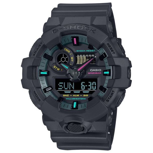 Casio G Shock GA 700 Series Analog Digital Multi Color Black Resin Watch 57.5mm GA700MF 1A