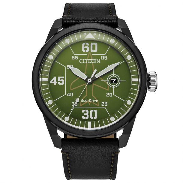 Citizen Eco Drive Avion Green Dial Black Leather Strap Watch