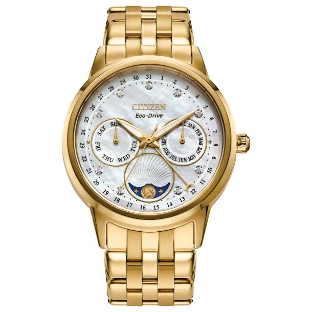 Citizen Eco-Drive Calendrier Diamond Dial and Gold-Tone Bracelet Watch |  37mm | FD0002-57D | REEDS Jewelers