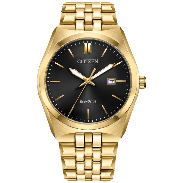Citizen Eco Drive Corso Black Dial Gold Tone Stainless Steel Bracelet Watch 40mm BM7333 85E REEDS Jewelers