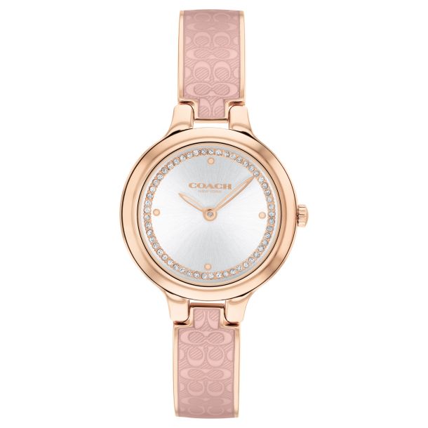COACH Chelsea Crystal Rose Gold Tone Pink Signature Enamel Bangle Watch 27mm 14504331 REEDS Jewelers