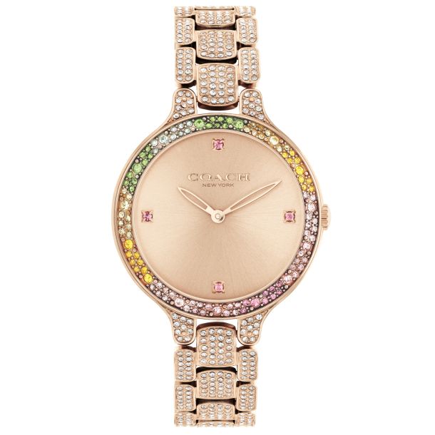 COACH Chelsea Rainbow Crystal Carnation Gold Tone Stainless Steel Bracelet Watch 32mm 14504166 REEDS Jewelers