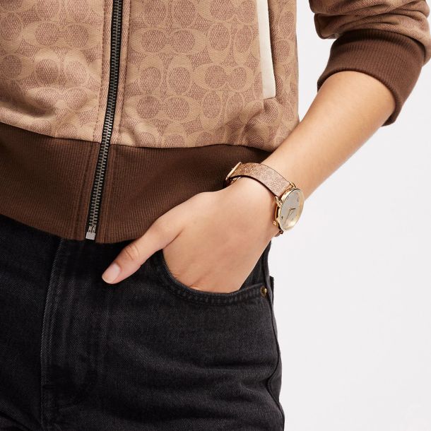 COACH Elliot Signature Silver Tone Dial Tan Canvas Strap Watch