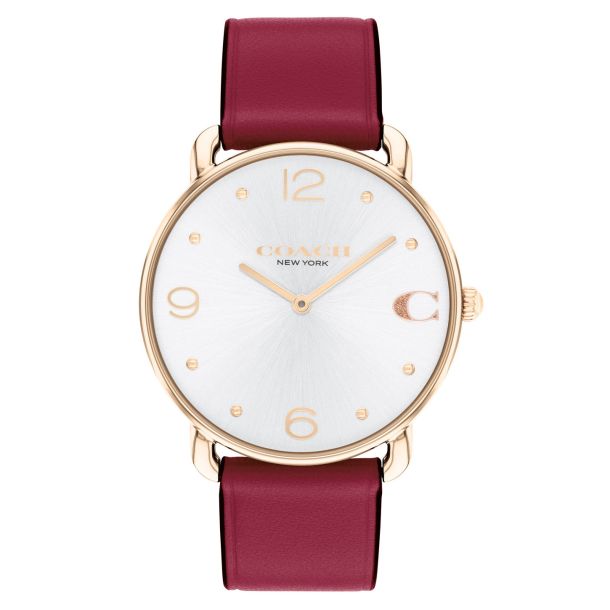 COACH Elliot Silver-Tone Dial Cranberry Leather Strap Watch 36mm 