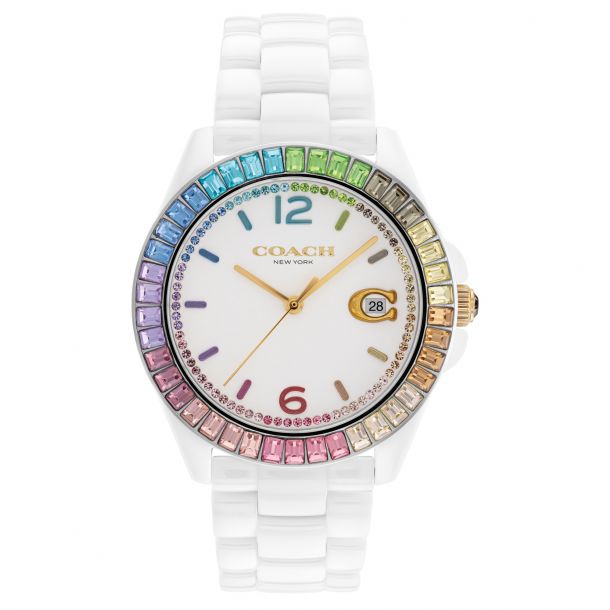COACH Greyson Rainbow Crystal Accents and White Ceramic Bracelet Watch 36mm 14504019 REEDS Jewelers