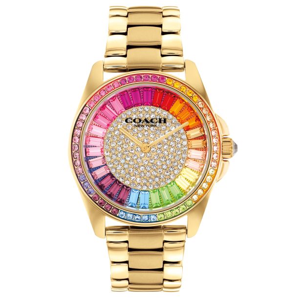 COACH Greyson Rainbow Crystal Gold Tone Bracelet Watch 36mm
