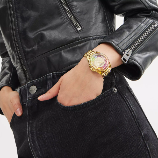 COACH Greyson Rainbow Crystal Gold Tone Bracelet Watch 36mm