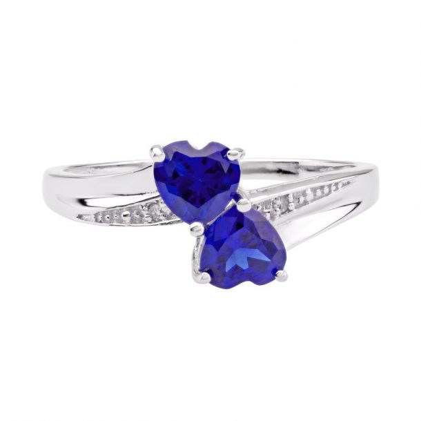 Created Blue Sapphire Double Heart and Diamond Accent Sterling Silver Ring