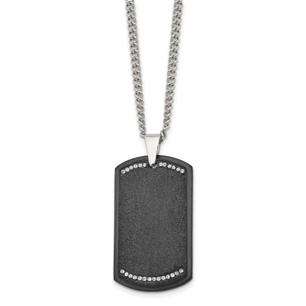 Stainless Steel Brushed Lasercut Black IP Plated CZ Dogtag Necklace