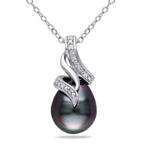 Cultured Black Tahitian Pearl and Diamond Twist Sterling Silver Pendant 1 20ctw