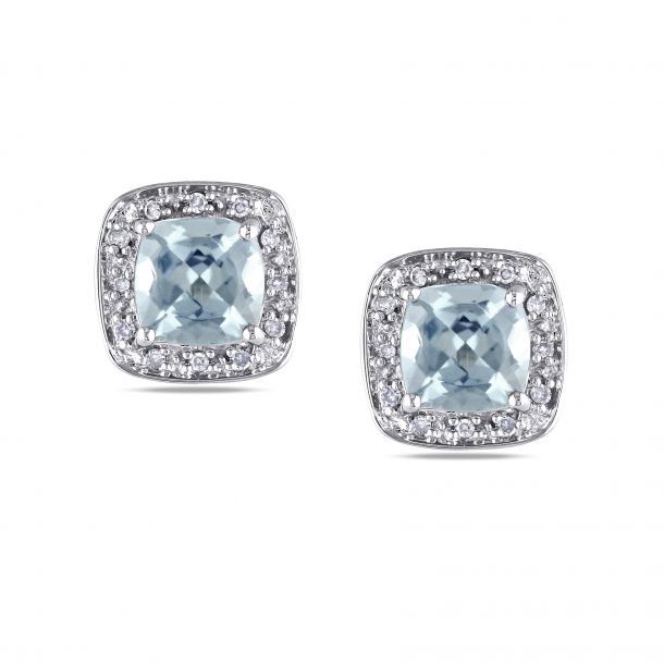 Cushion Aquamarine and Diamond Halo Stud Earrings | REEDS Jewelers