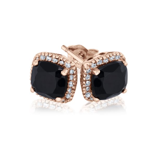 Cushion Black Onyx and 1 6ctw Diamond Halo Rose Gold Stud Earrings REEDS Jewelers