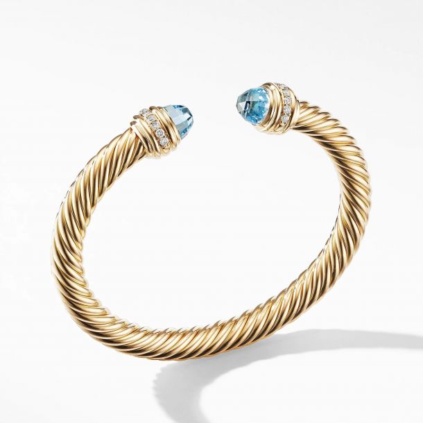David Yurman Cable Bracelet in 18k Gold with Blue Topaz and Diamonds 7mm REEDS Jewelers