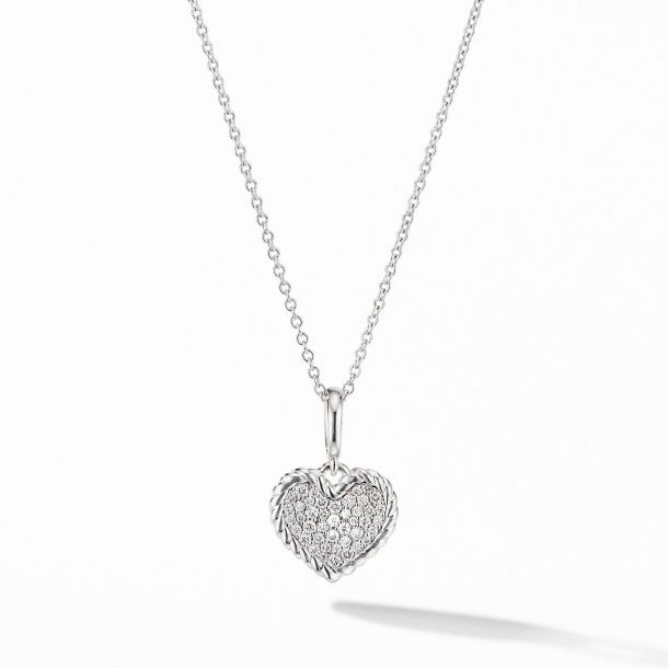 David Yurman Cable Collectibles Pave Plate Heart Charm Necklace in 18k White Gold