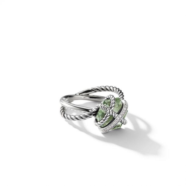 David Yurman Cable Wrap Ring in Sterling Silver with Prasiolite and Pav Diamonds Size 9