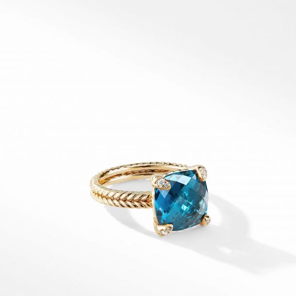 David Yurman Chatelaine Ring with Hampton Blue Topaz and Diamonds in 18K Gold