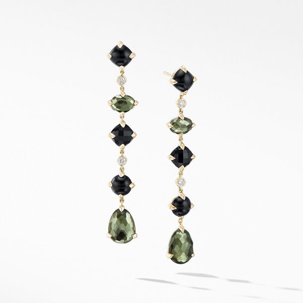 David Yurman Chatelaine Multi Drop Earrings in 18k Yellow Gold with Green Orchid Black Onyx and Diamonds