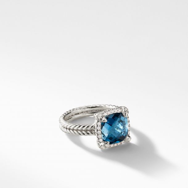 David Yurman Chatelaine Pave Bezel Ring with Hampton Blue Topaz and Diamonds 9mm