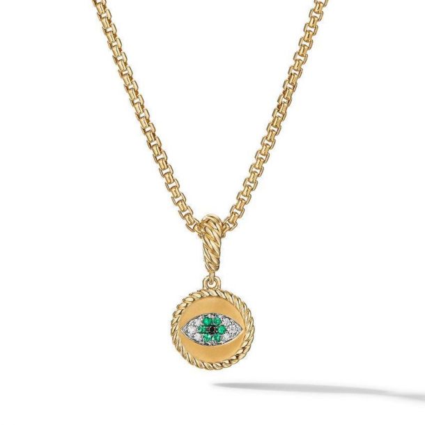 David Yurman Evil Eye Amulet in 18k Yellow Gold with Pave Emeralds
