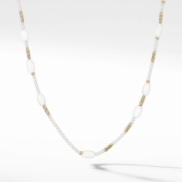 David Yurman Long Tweejoux Necklace with Pearls Rainbow Moonstone and 18k Yellow Gold