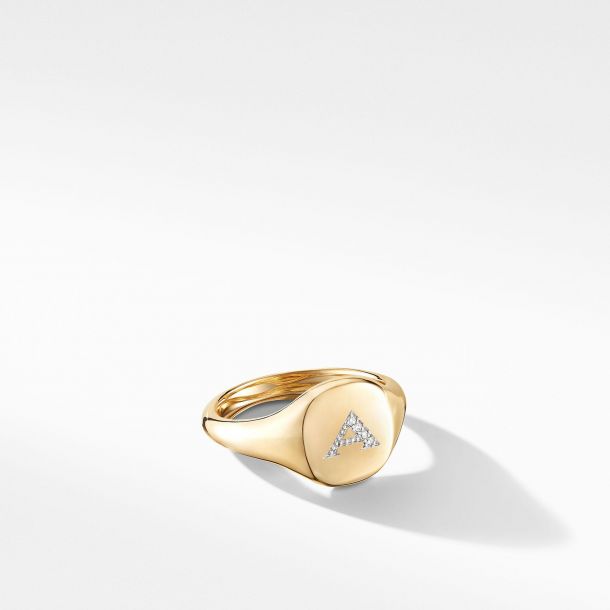 David Yurman Mini Initial A Pinky Ring in 18k Yellow Gold with Diamonds REEDS Jewelers