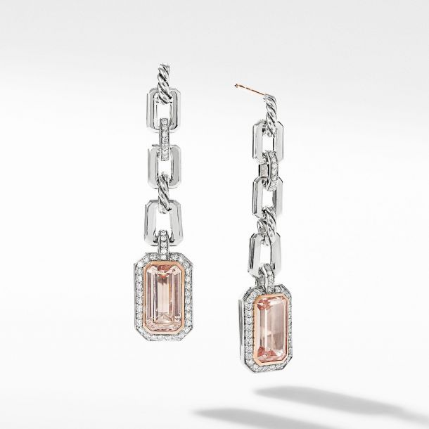 David Yurman Novella Chain Link Drop Earrings with Morganite Pave Diamonds and 18k Rose Gold