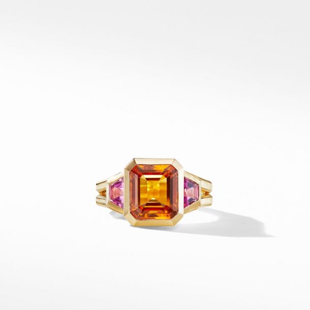 David Yurman Novella Three Stone Ring in 18k Yellow Gold with Madeira Citrine and Rubellite Size 7 REEDS Jewelers