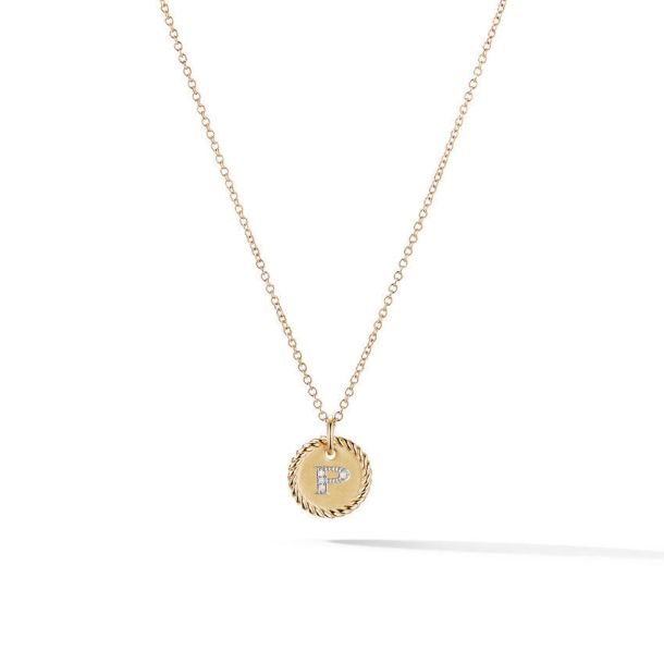 David Yurman P Initial Charm Necklace in 18K Yellow Gold with Pave Diamonds